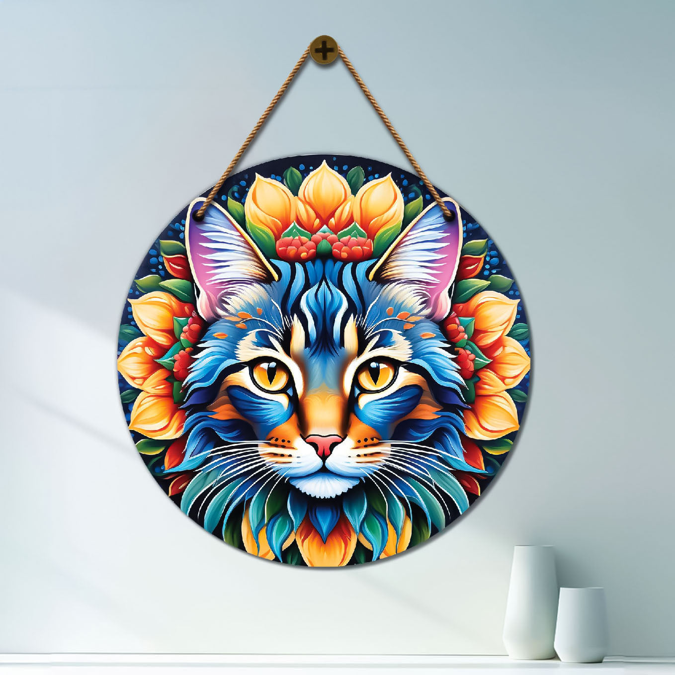 Cat in blue and yellow mandala Round Wooden Wall Hanging for wall Décor - Design - 272