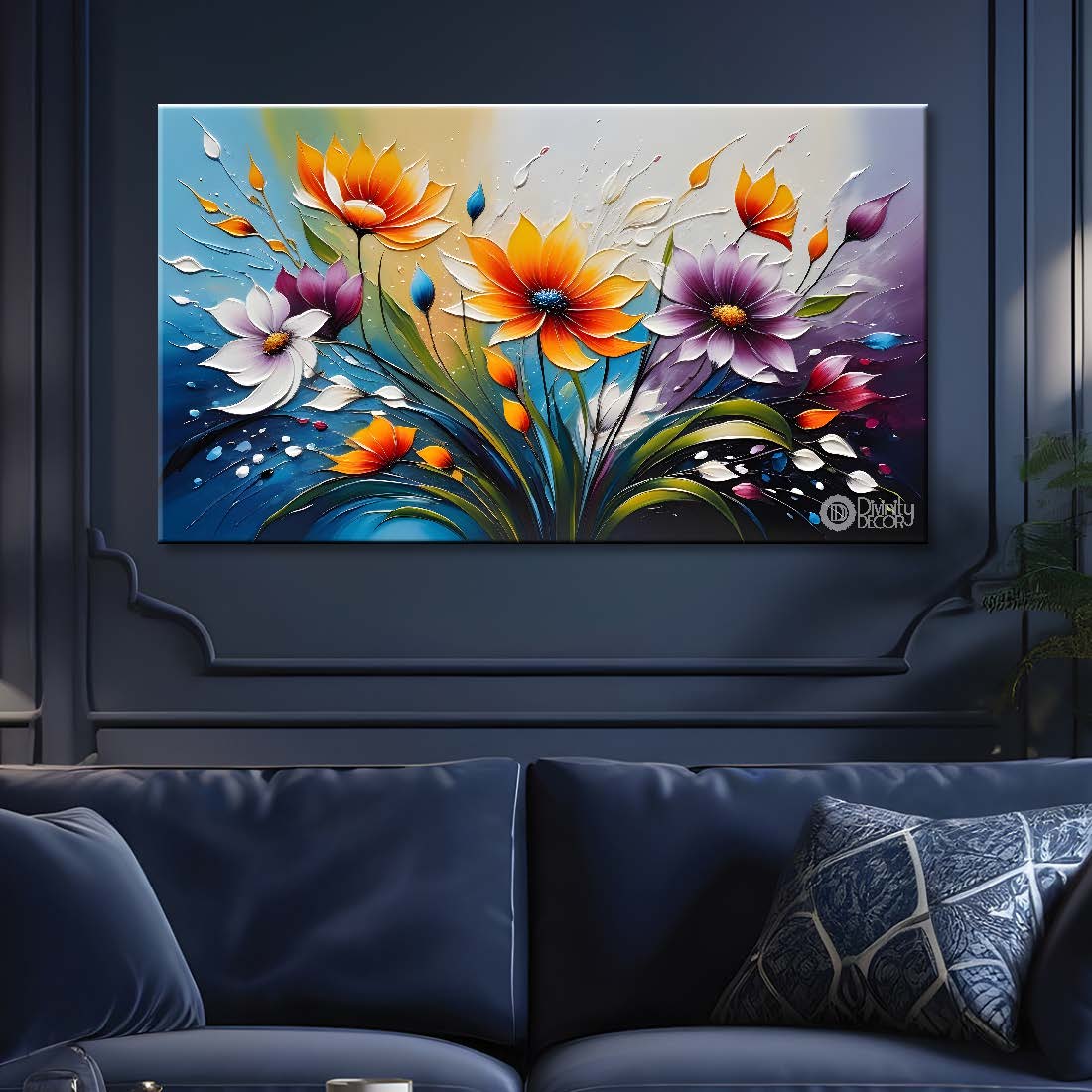 Orange and purple flowers in blue background- Flower-272