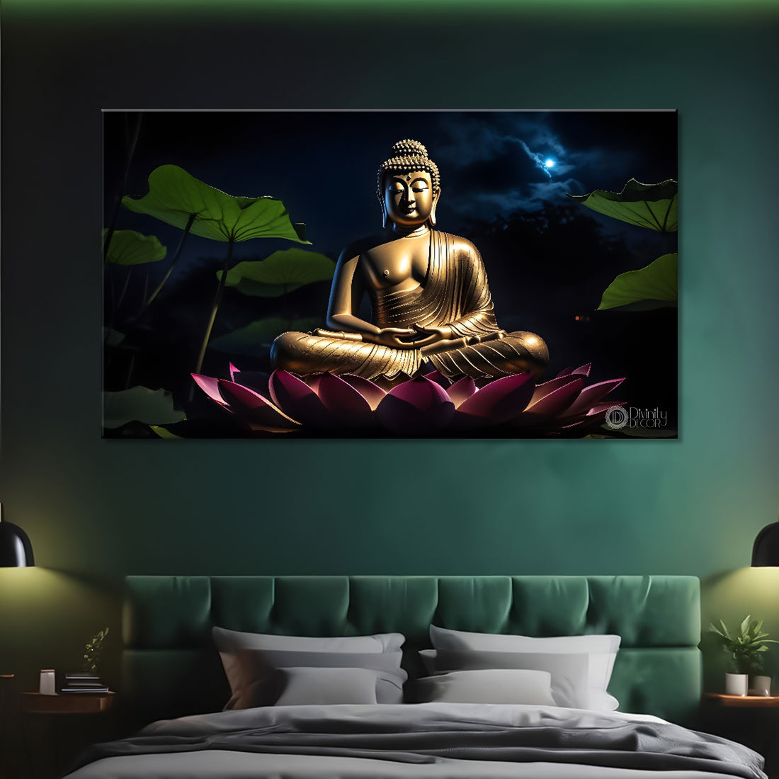 Buddha sitting on lotus with dark textured background painting Canvas Wall Painting - Buddha-273