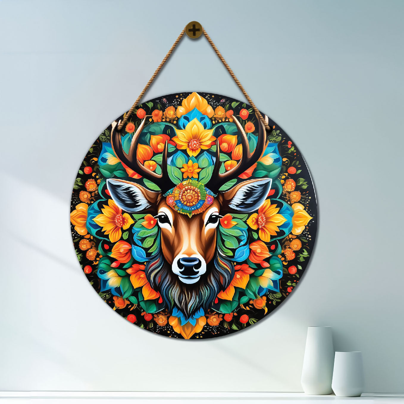 Deer in green and orange mandala Round Wooden Wall Hanging for wall Décor - Design - 273