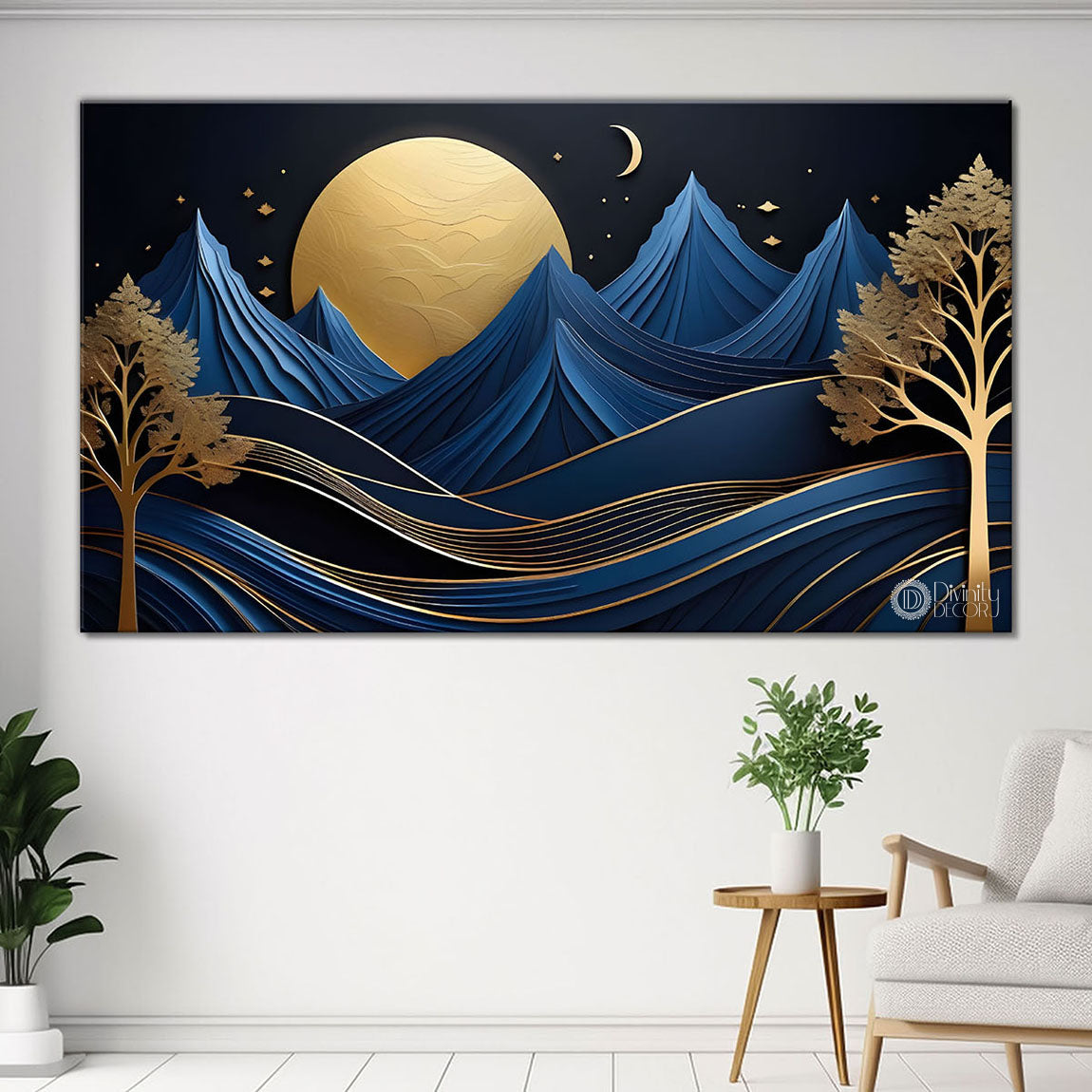 Blue mountains with golden moon and tree Canvas Painting - Nature Art -273