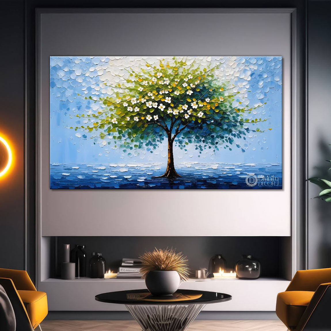 White flower tree in textured background oil painting- Design - Tree-273