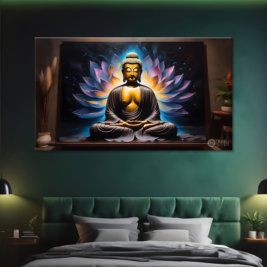 Buddha with dark and lotus textured background painting Canvas Wall Painting - Buddha-274