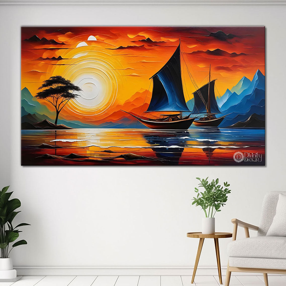 Boat on river with mountains and sunrise painting Canvas Painting - Nature Art -274