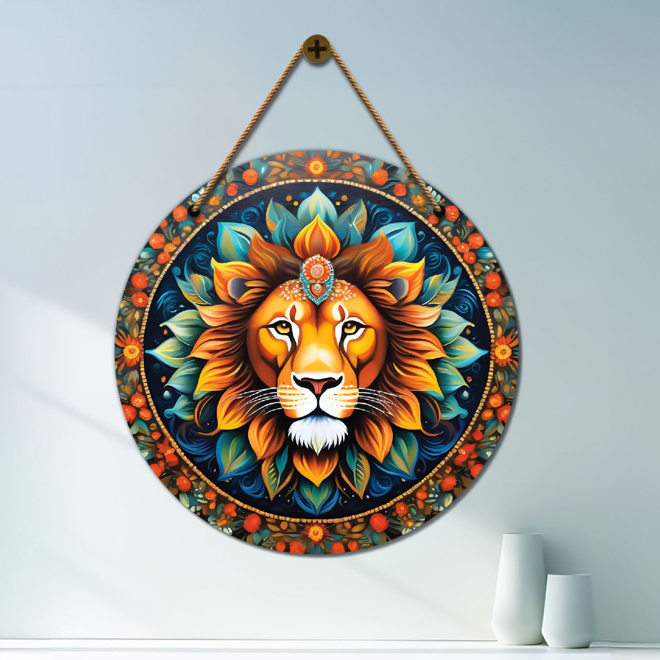 Lion in green and orange mandala Round Wooden Wall Hanging for wall Décor - Design - 274