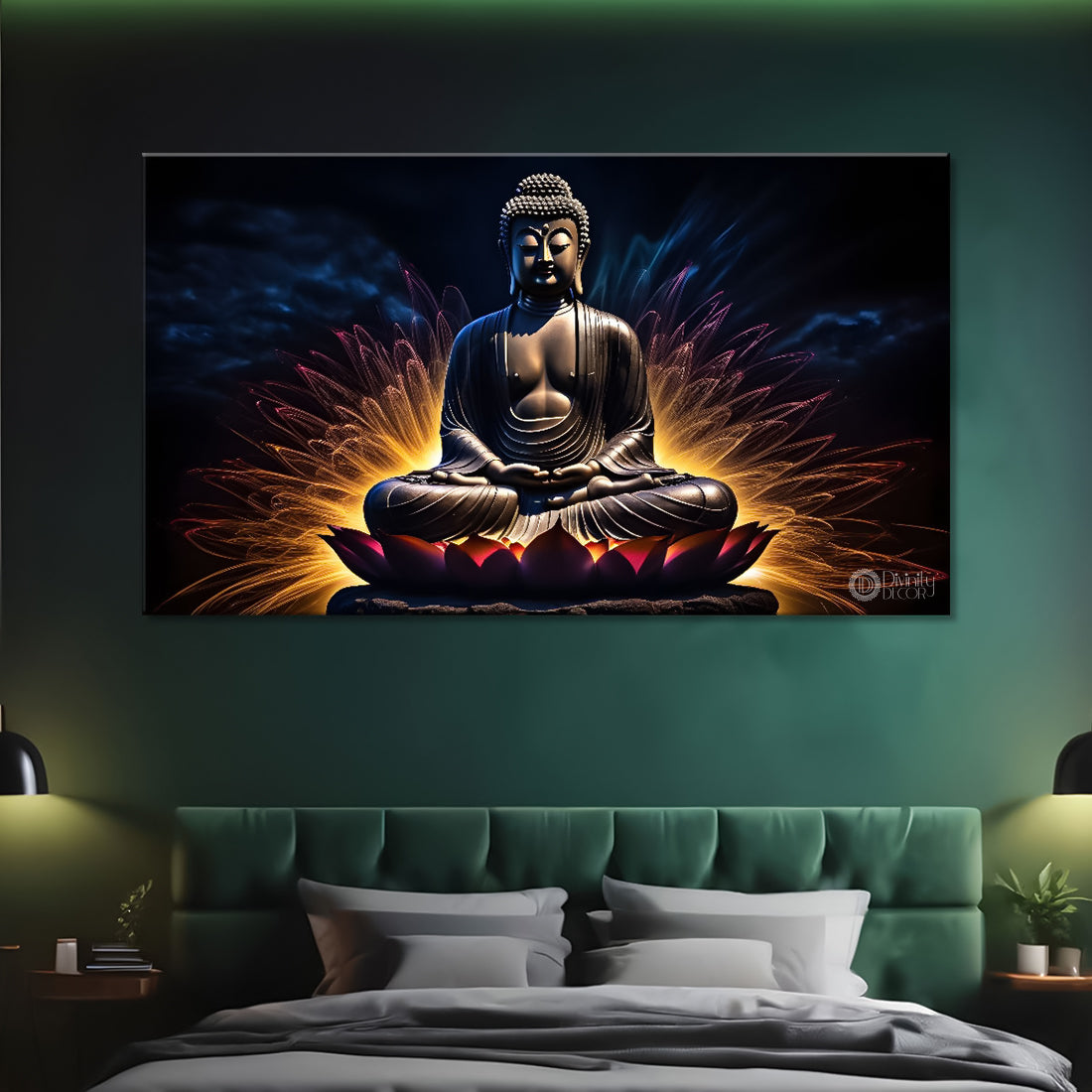 Buddha sitting on lotus with dark textured background painting Canvas Wall Painting - Buddha-275