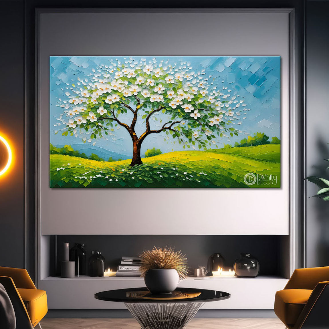 White flower tree in textured background oil painting- Design - Tree-275