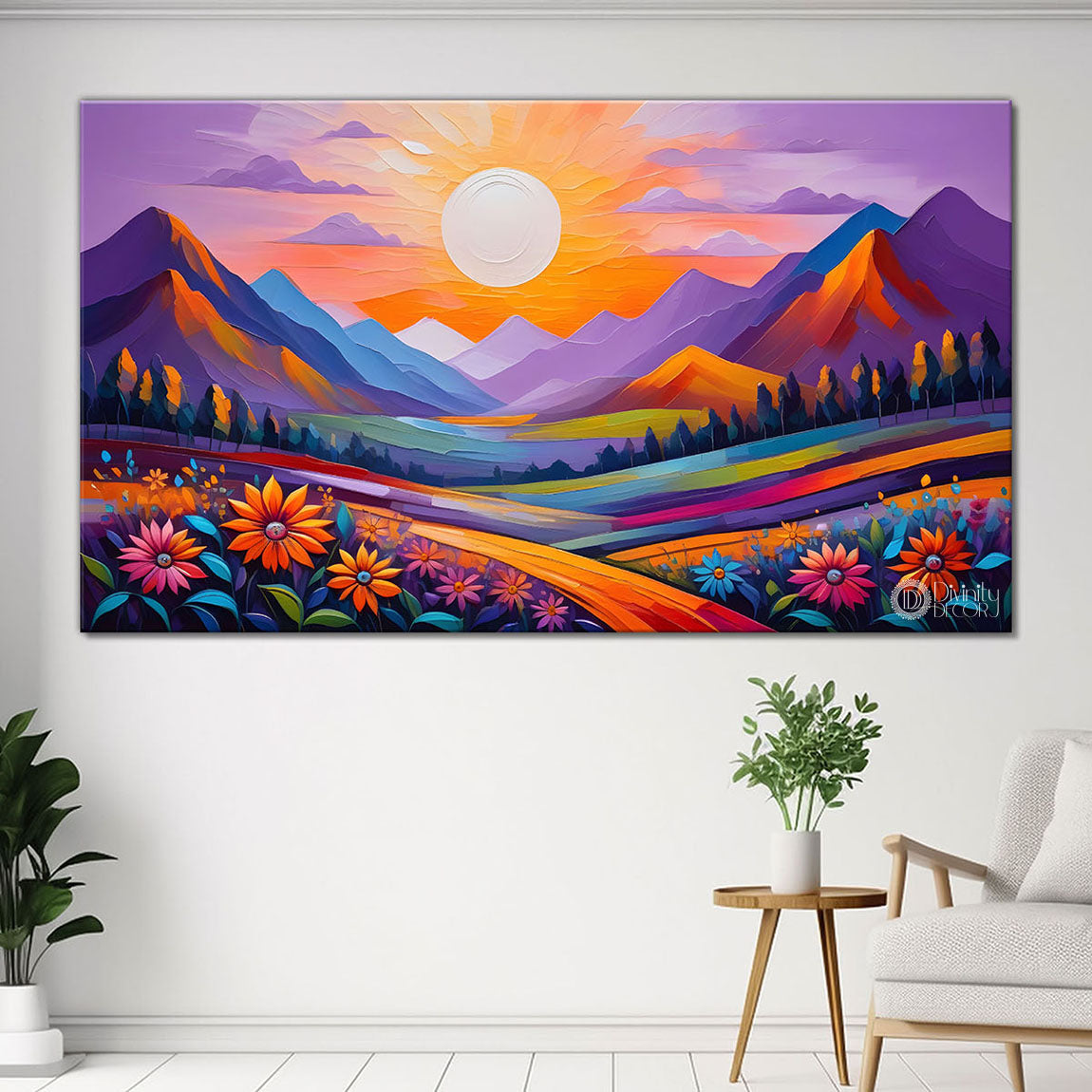 Mountains with flowers and sunset painting Canvas Painting - Nature Art -275
