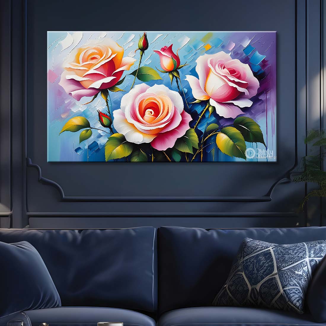 Pink roses with blue textured background painting- Flower-275