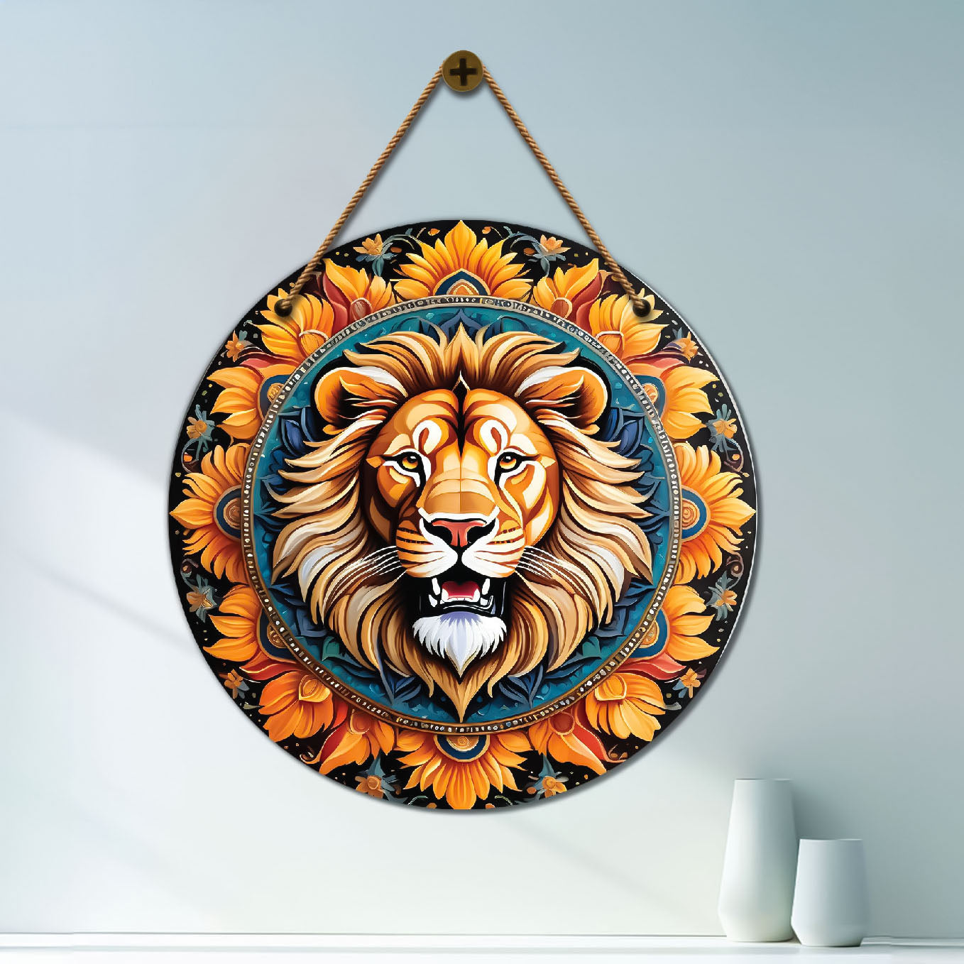 Lion in green and orange mandala Round Wooden Wall Hanging for wall Décor - Design - 275