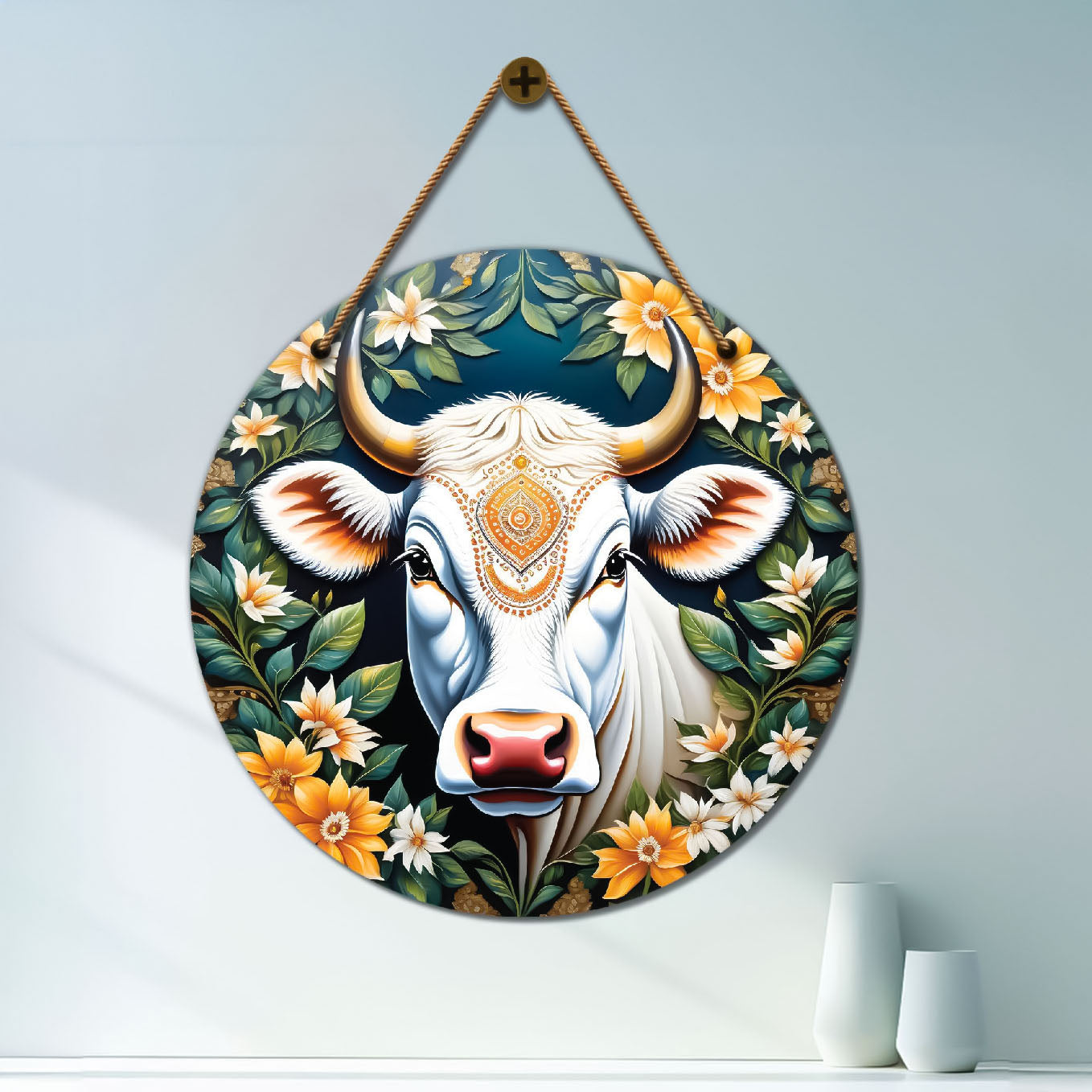 Cow in green and floral mandala Round Wooden Wall Hanging for wall Décor - Design - 276