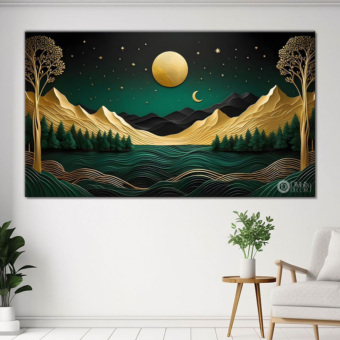 Green mountains with golden moon and trees Canvas Painting - Nature Art -276