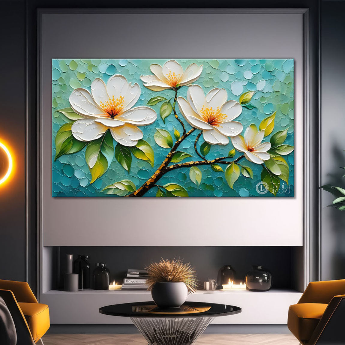 White flower tree in textured background oil painting- Design - Tree-276