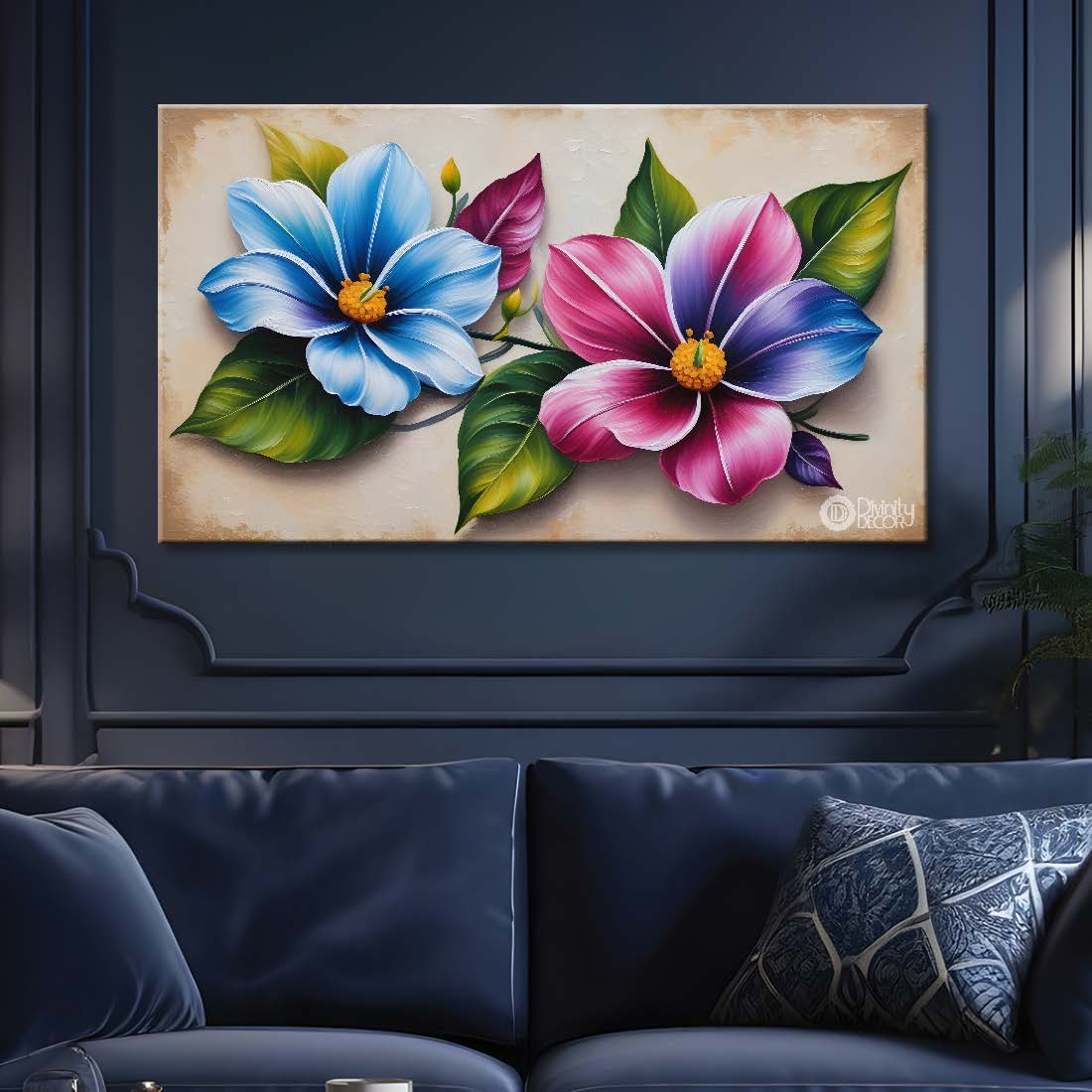 Pink and blue flowers in light background canvas painting- Flower-277