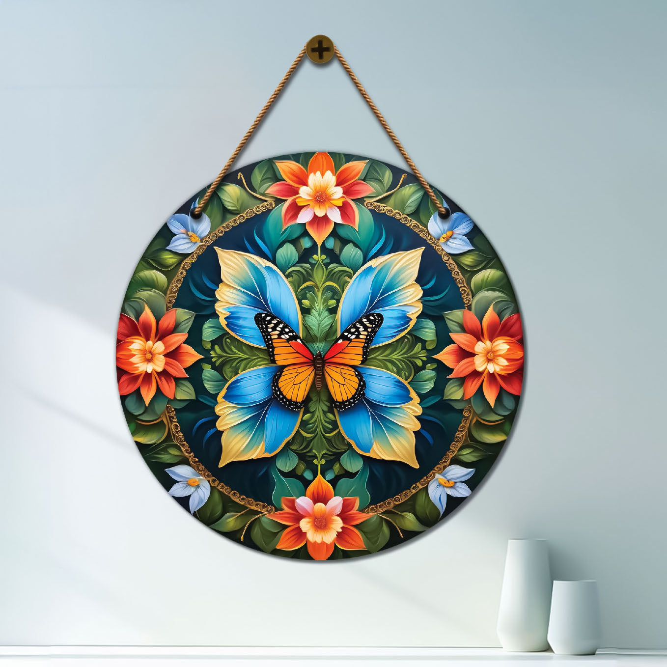 Butterfly in green and red mandala Round Wooden Wall Hanging for wall Décor - Design - 277
