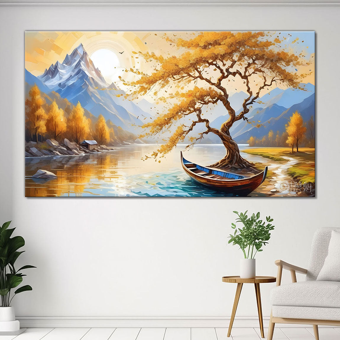 Mountains with golden tree painting Canvas Painting - Nature Art -278