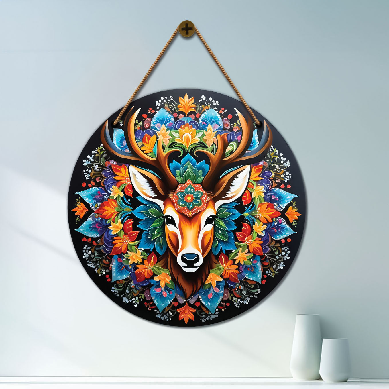 Deer in blue and orange mandala Round Wooden Wall Hanging for wall Décor - Design - 278