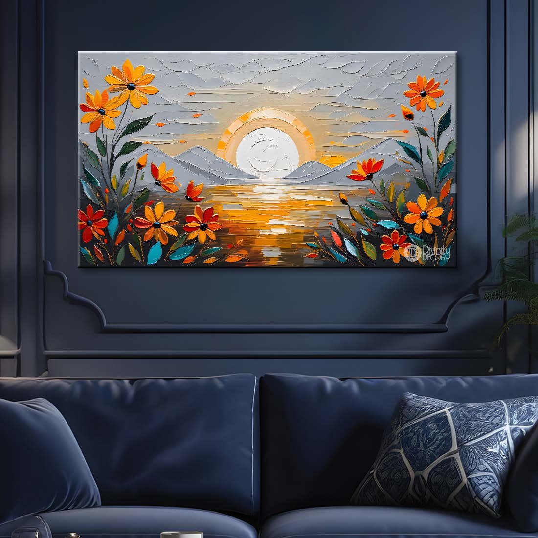 Orange flowers with the sunrise background canvas painting- Flower-278