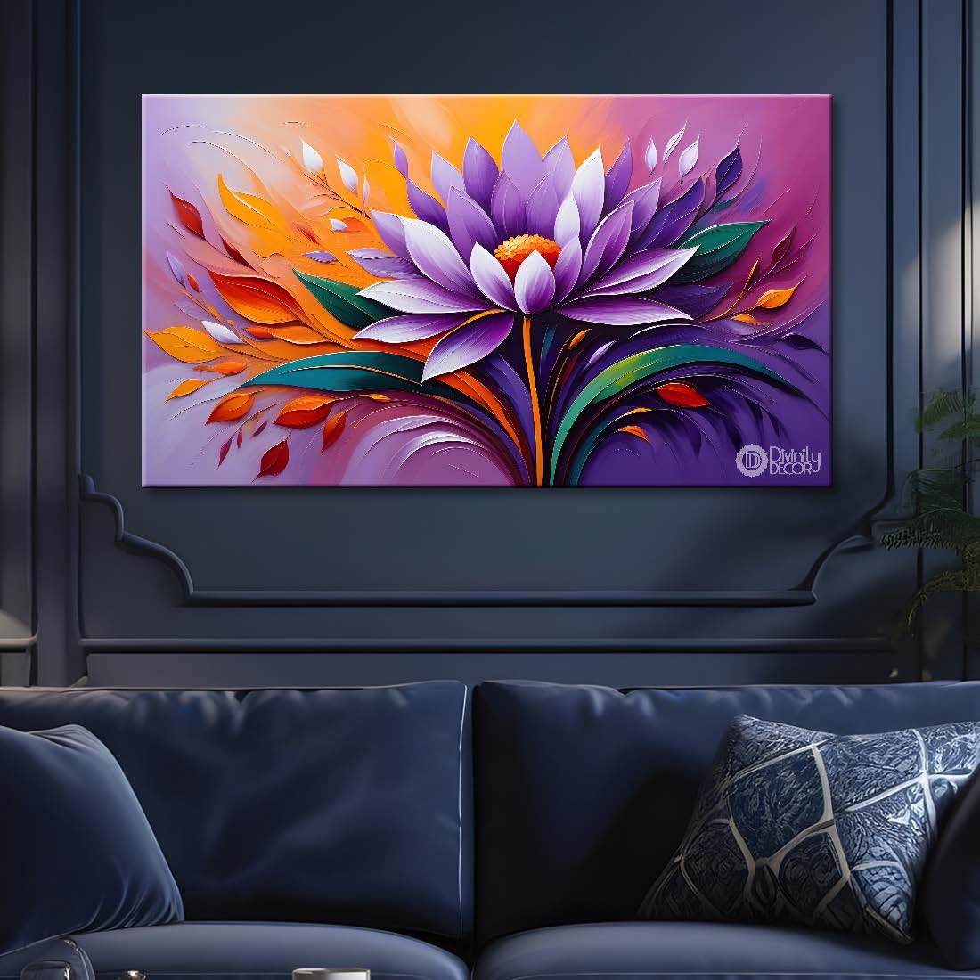 Purple flower with orange background canvas painting- Flower-279