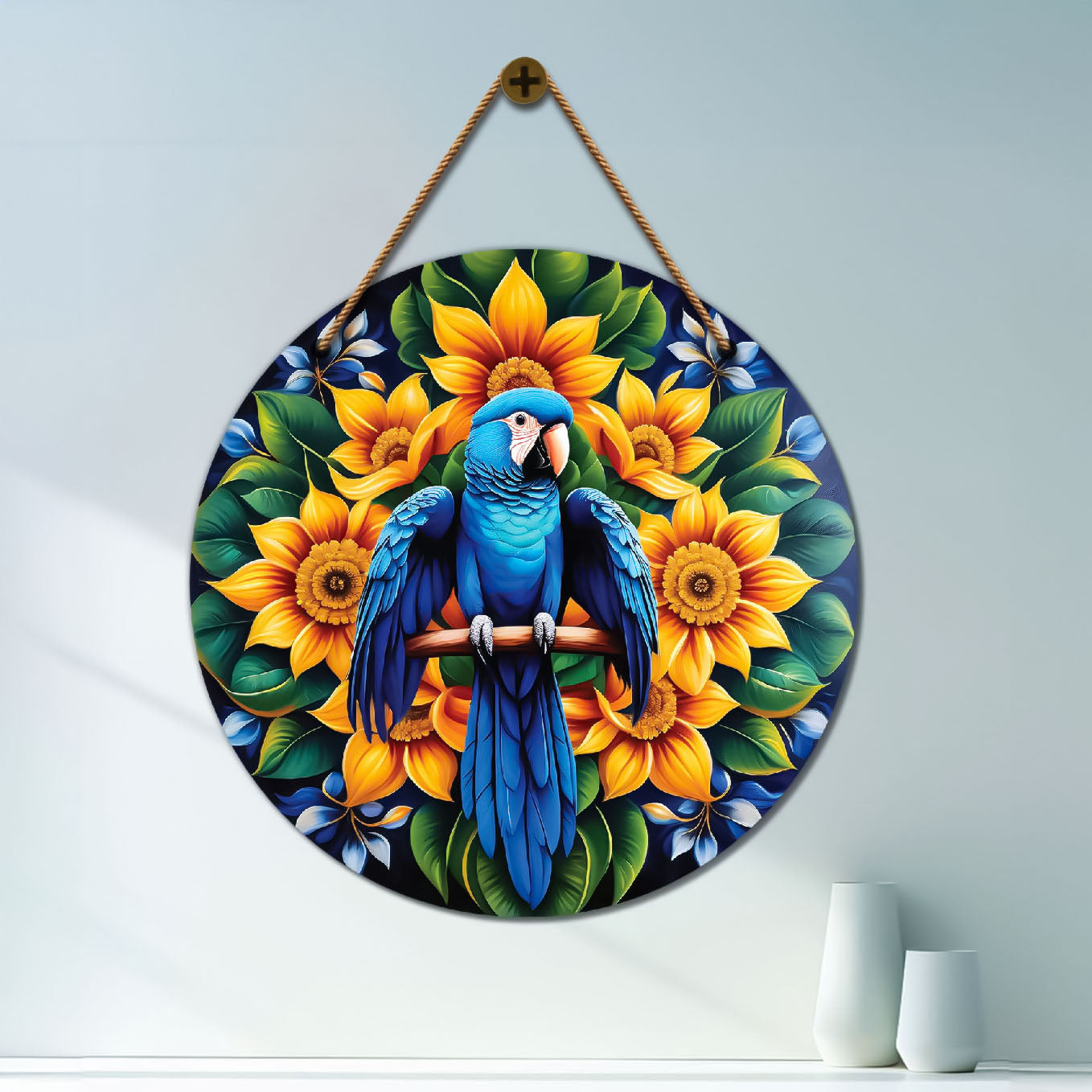 Parrot in green and floral mandala Round Wooden Wall Hanging for wall Décor - Design - 279
