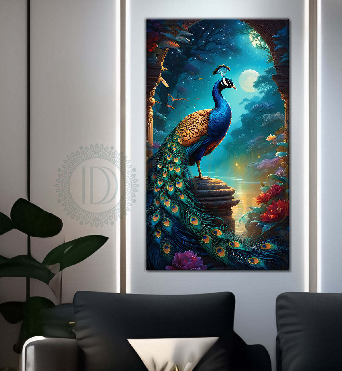 Peacock in front of moon with blue background modern art painting  - Design - Peacock-V-27