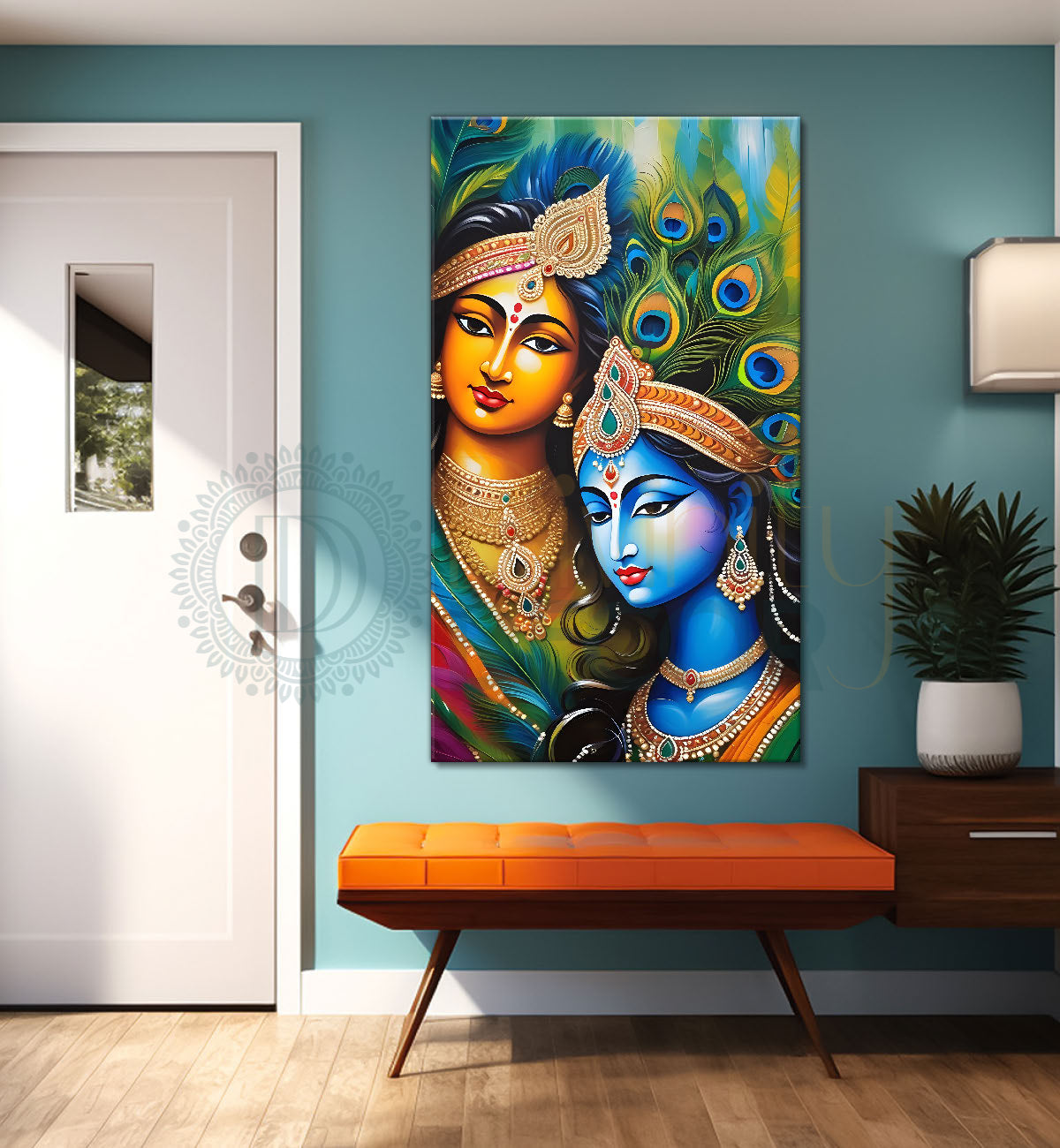Blue face of krishna with radha in peacock feathers background textured art Canvas Painting - Design - Krishna-V-27
