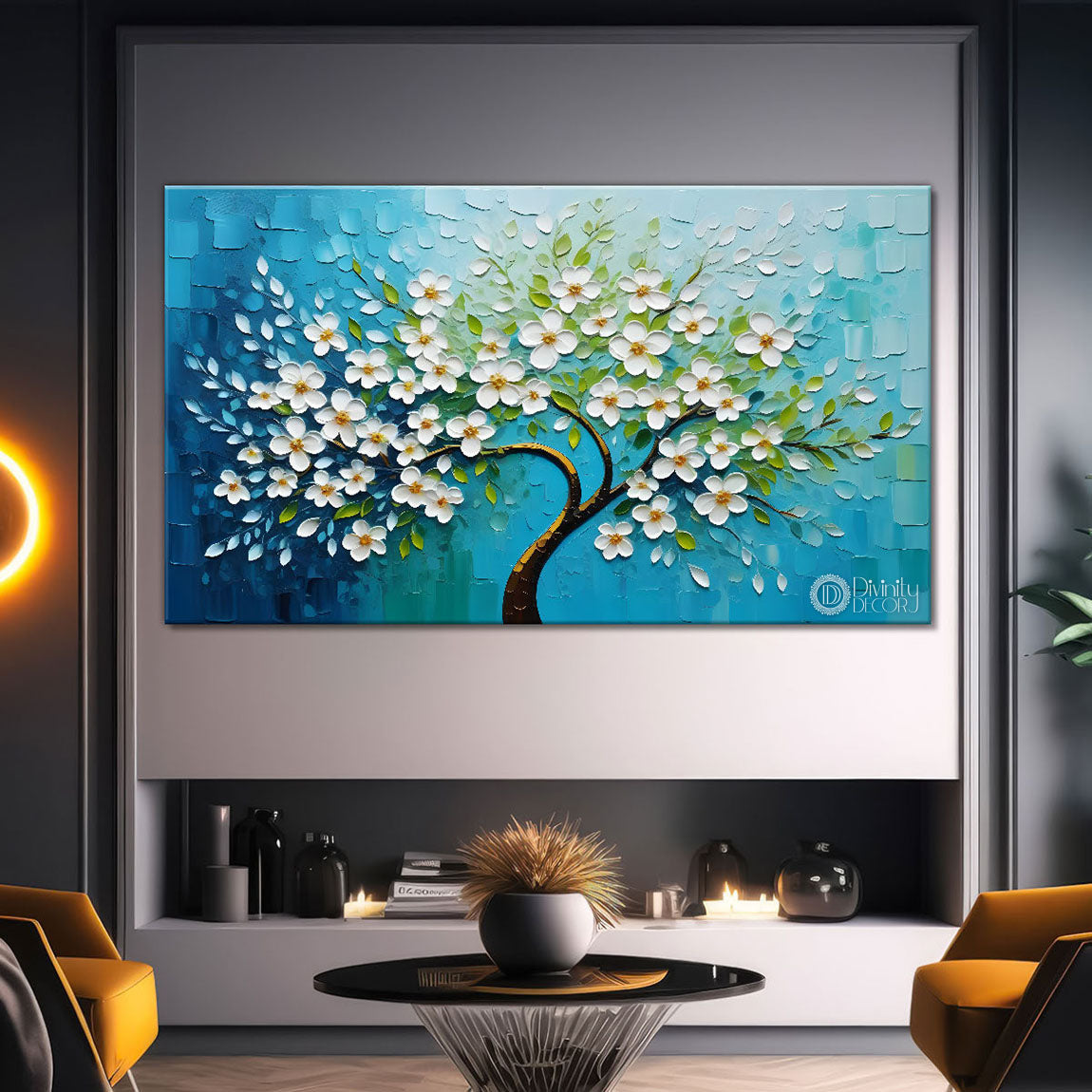 White flower tree in textured background oil painting- Design - Tree-280