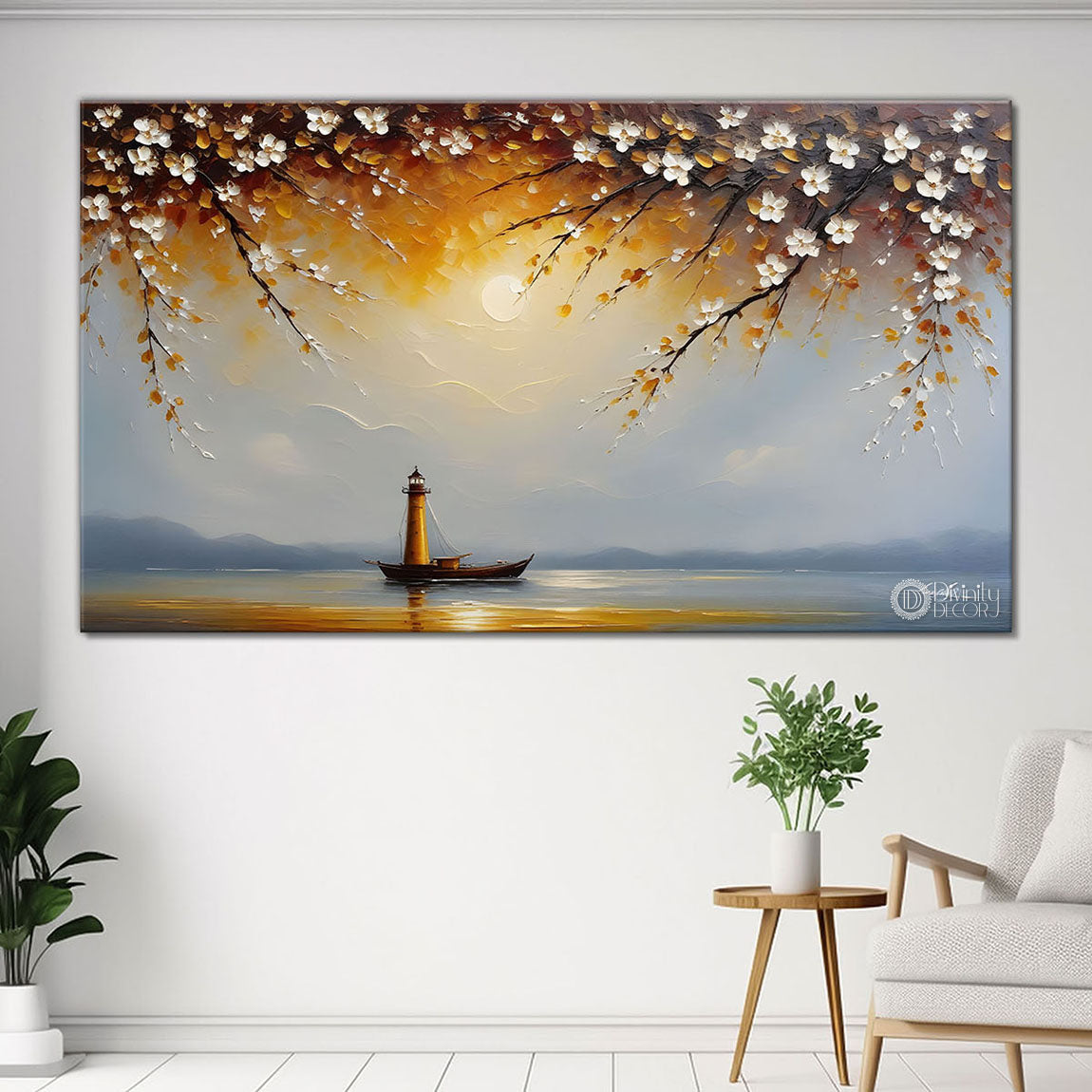 Ship in the sea and tree with flowers painting Canvas Painting - Nature Art -280