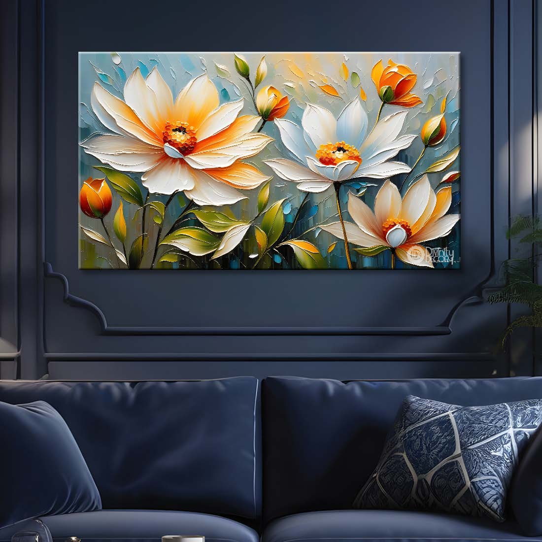 White flowers in blue background canvas painting- Flower-280