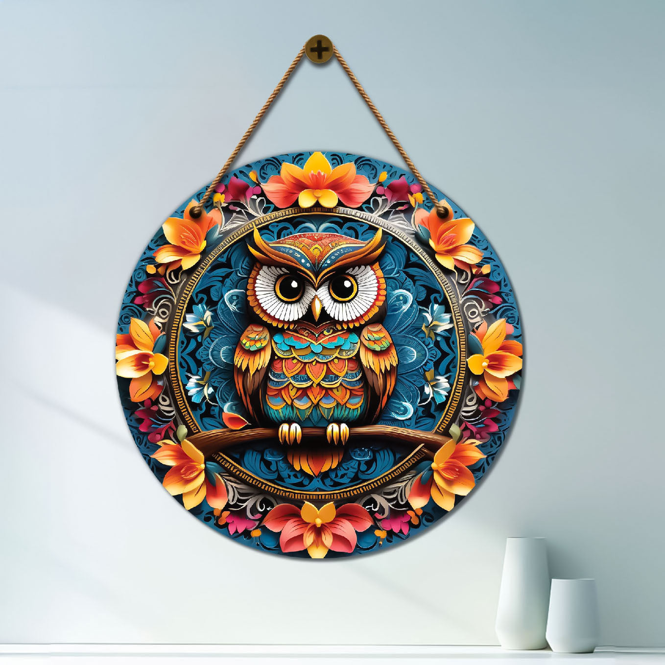 Owl in orange and blue mandala Round Wooden Wall Hanging for wall Décor - Design - 280