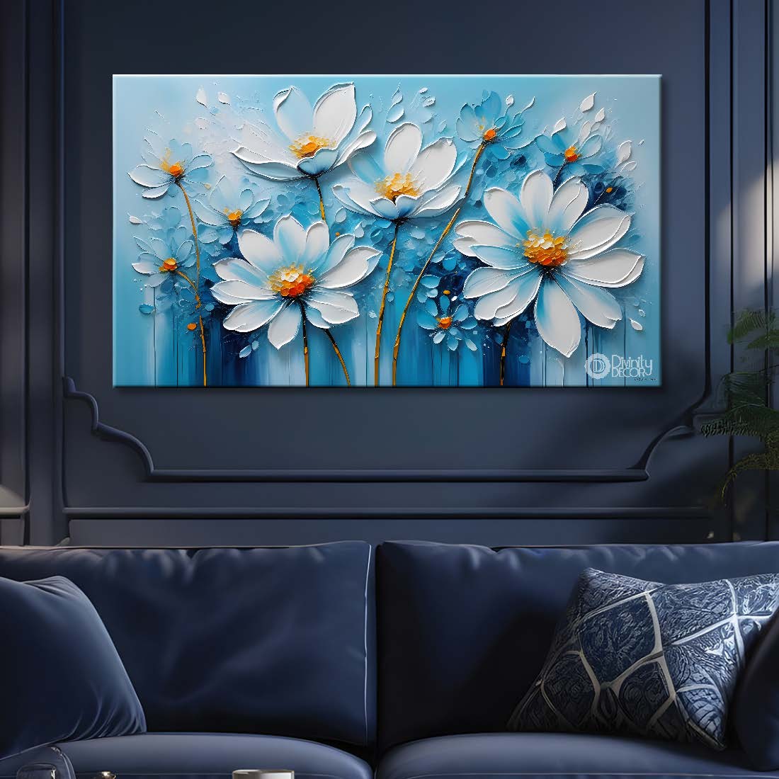 White flowers in blue background canvas painting- Flower-281