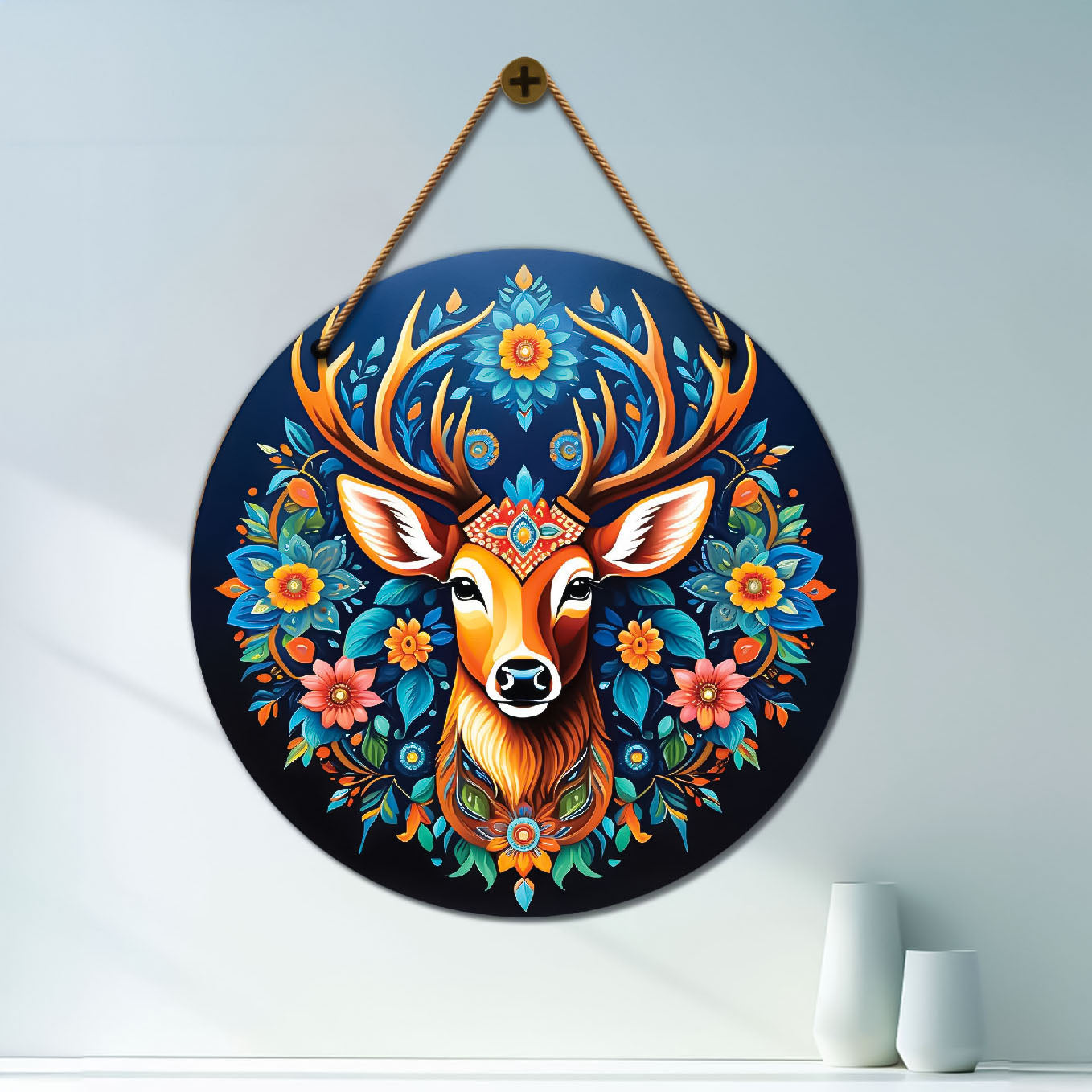 Deer in blue and yellow mandala Round Wooden Wall Hanging for wall Décor - Design - 281