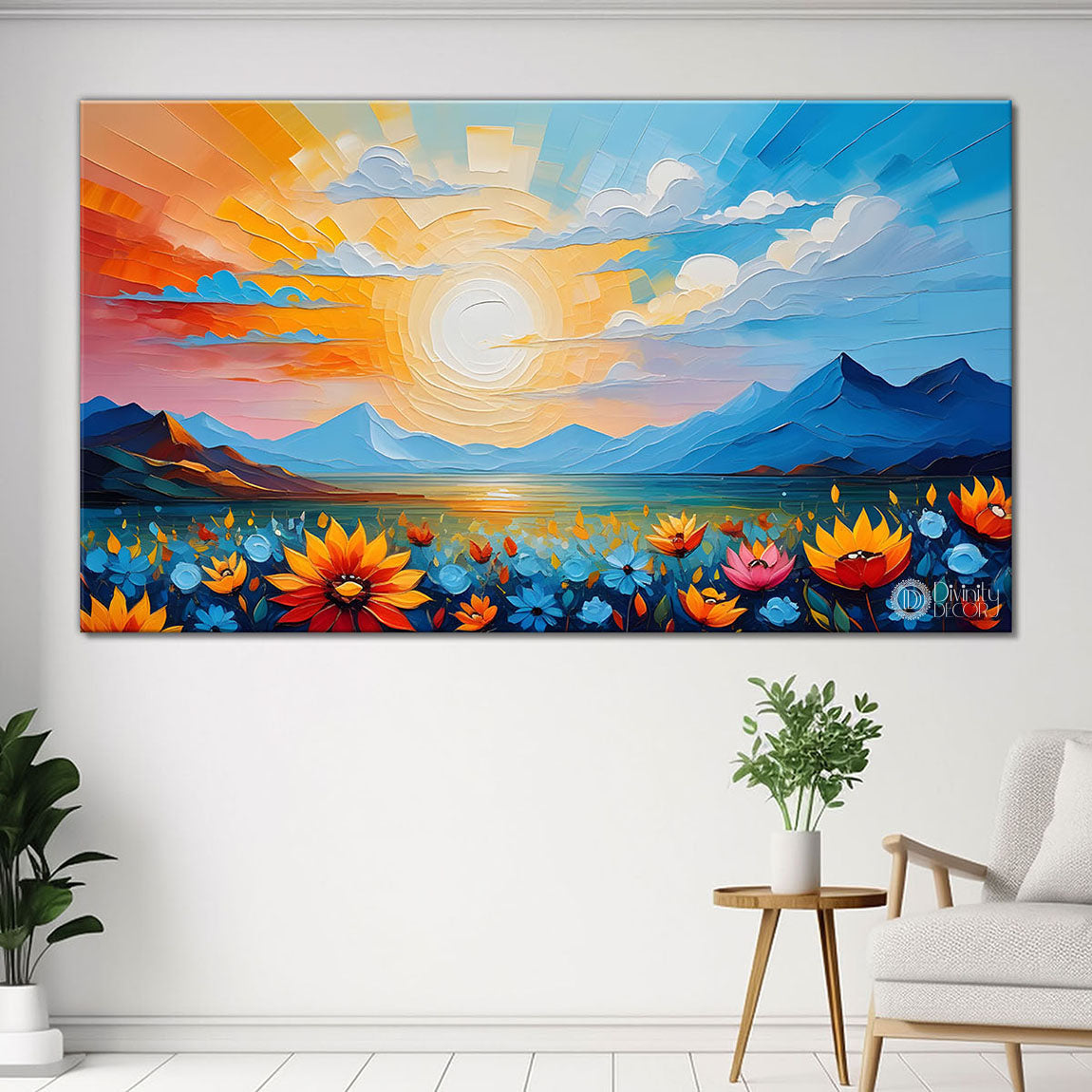 Mountains with flowers and sunset painting Canvas Painting - Nature Art -281