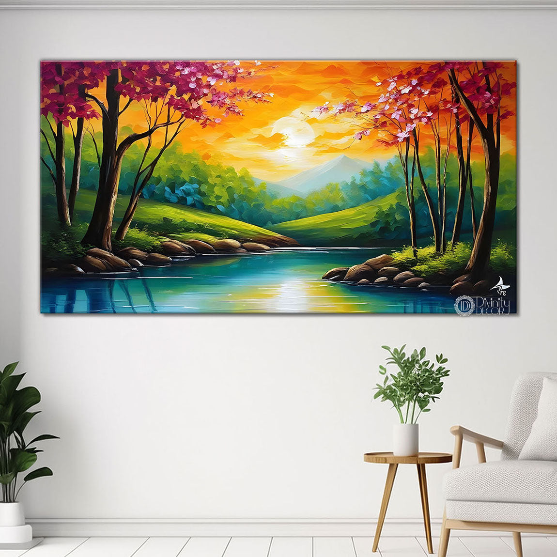Mountains with orange trees and lake in textured natural art Canvas Painting - Nature Art -282