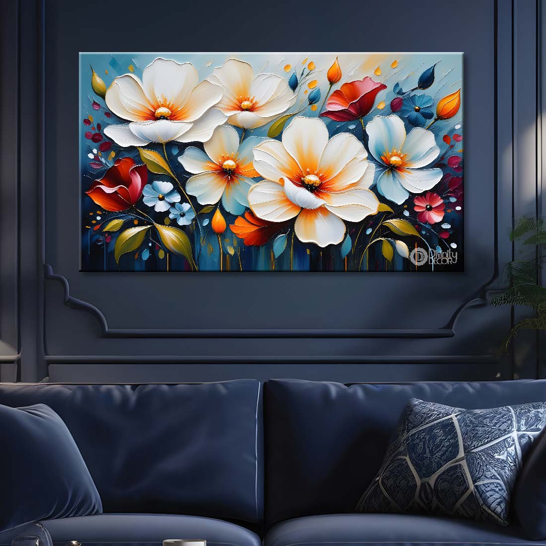 White flowers in blue background canvas painting- Flower-282