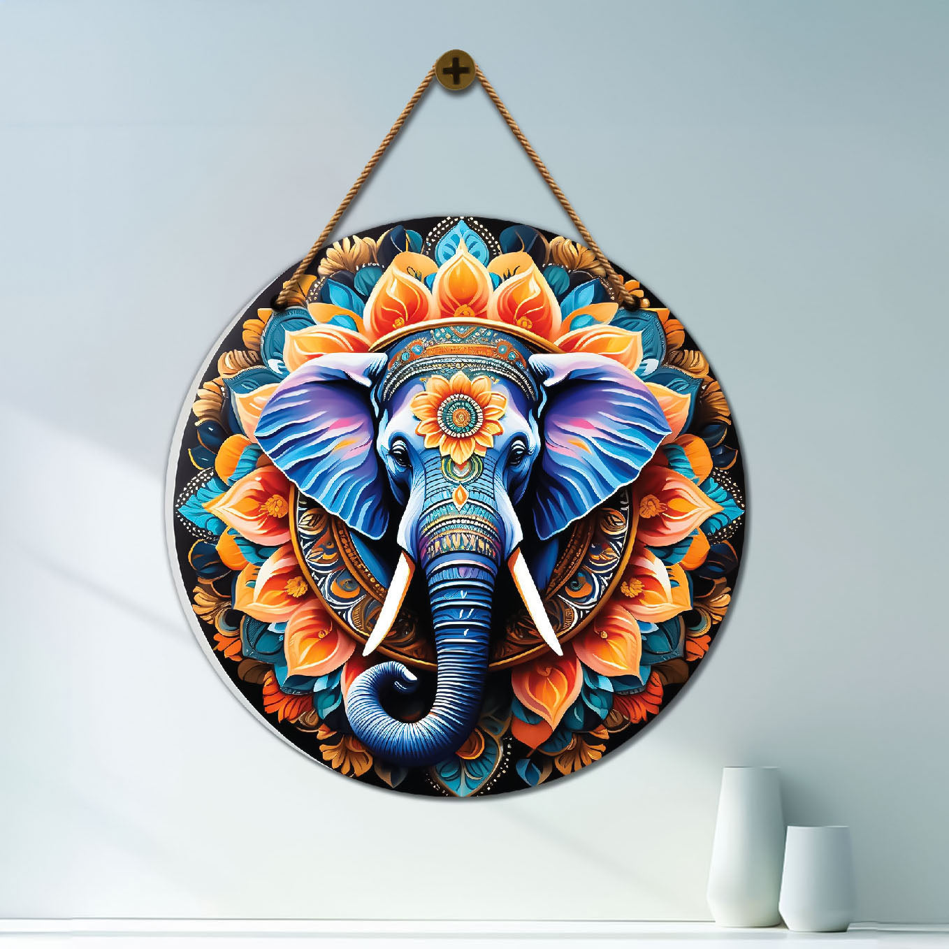 Elephant in green and yellow mandala Round Wooden Wall Hanging for wall Décor - Design - 282