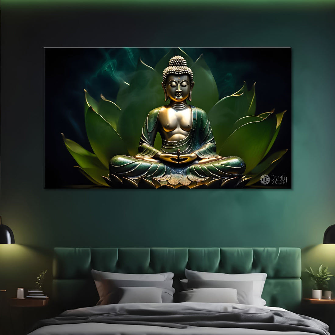 Buddha with dark and green textured background painting Canvas Wall Painting - Buddha-283