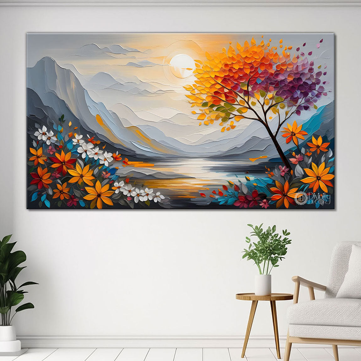 Mountains with orange trees and lake in textured natural art Canvas Painting - Nature Art -283
