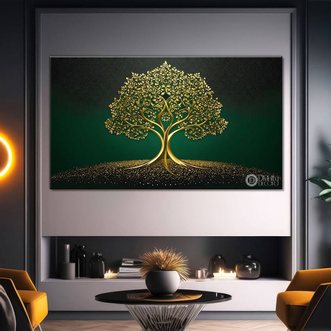 Golden tree in dark green textured background modern art- Design - Tree-283