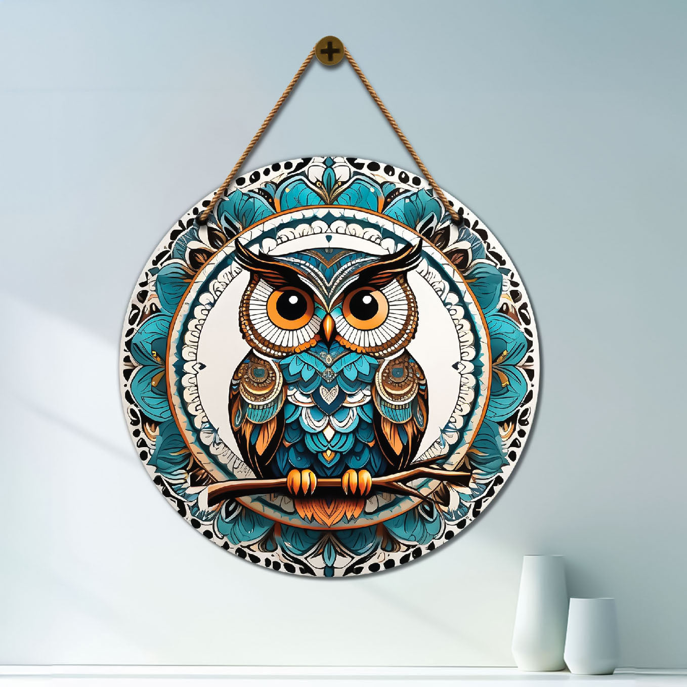Owl in green and white mandala Round Wooden Wall Hanging for wall Décor - Design - 283