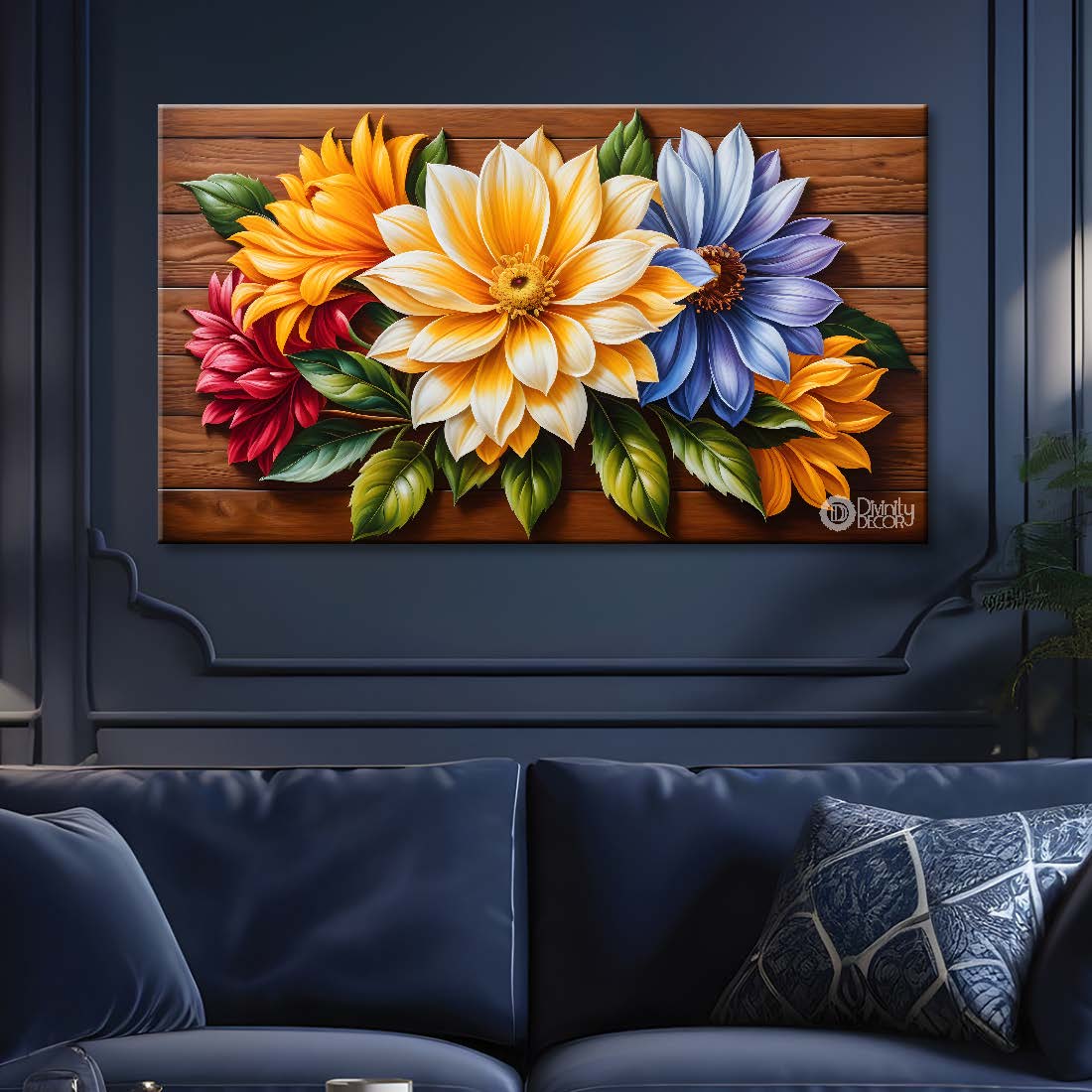 Colorful flowers in brown background canvas painting- Flower-283