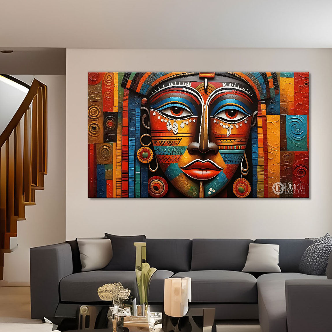 Tribal lady with bright background textured art Canvas Painting - Design - Modern-L-283