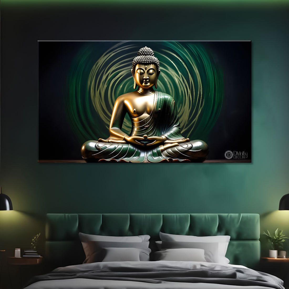 Buddha with dark and green textured background painting Canvas Wall Painting - Buddha-284