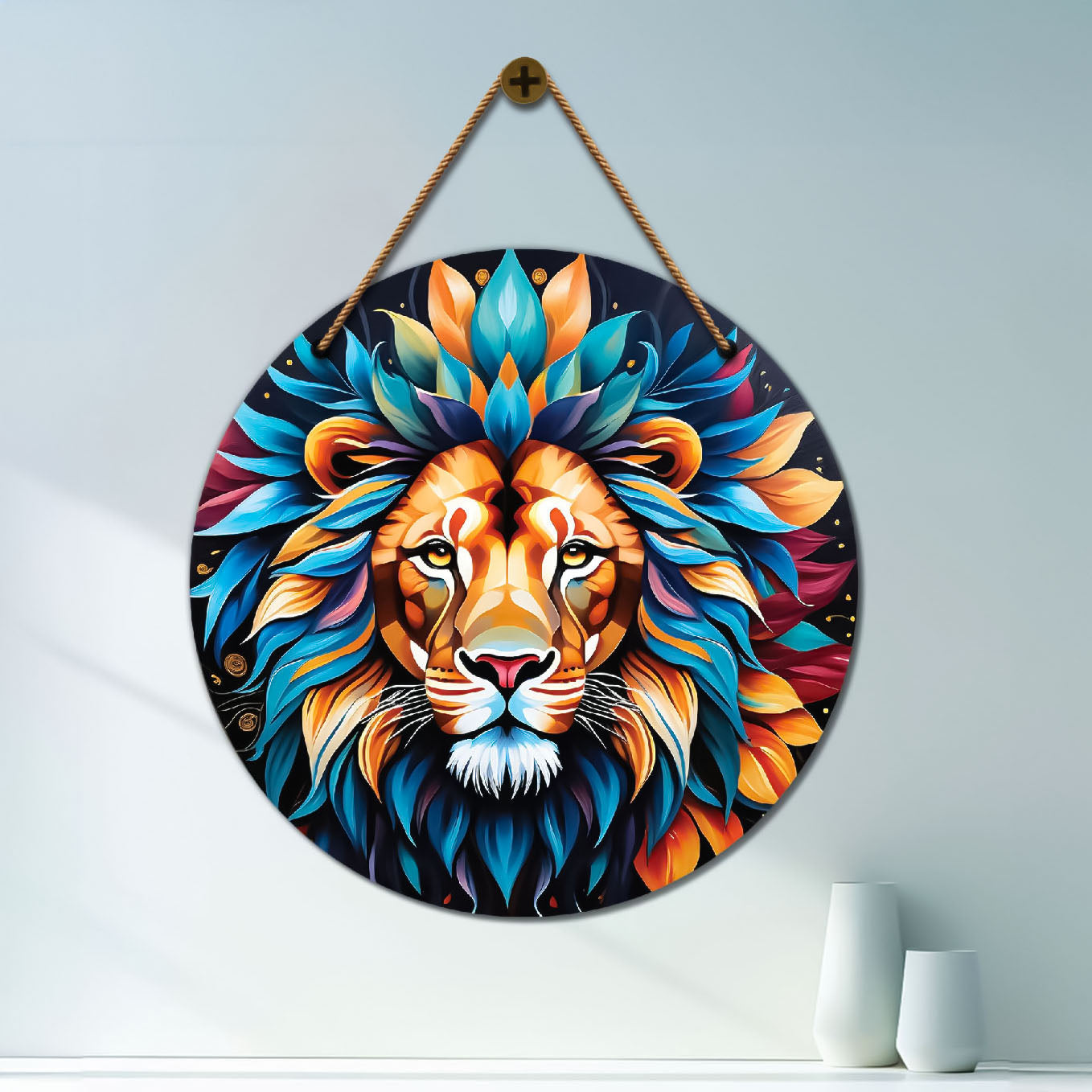 Lion in colourful mandala Round Wooden Wall Hanging for wall Décor - Design - 284