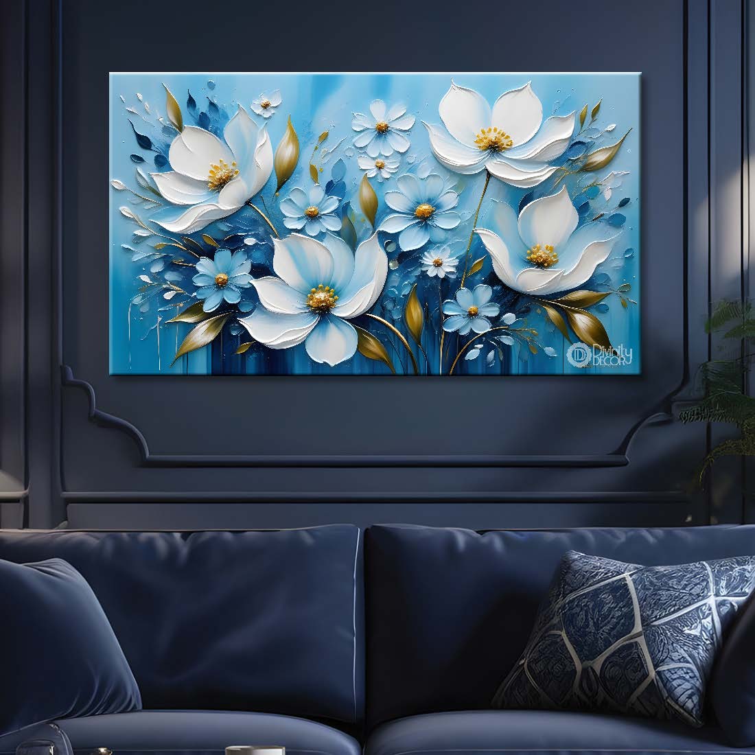 White flowers in blue background canvas painting- Flower-284