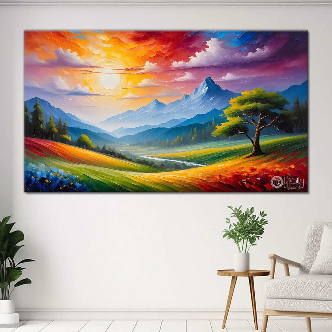 Mountains with trees and colorful sky painting Canvas Painting - Nature Art -285