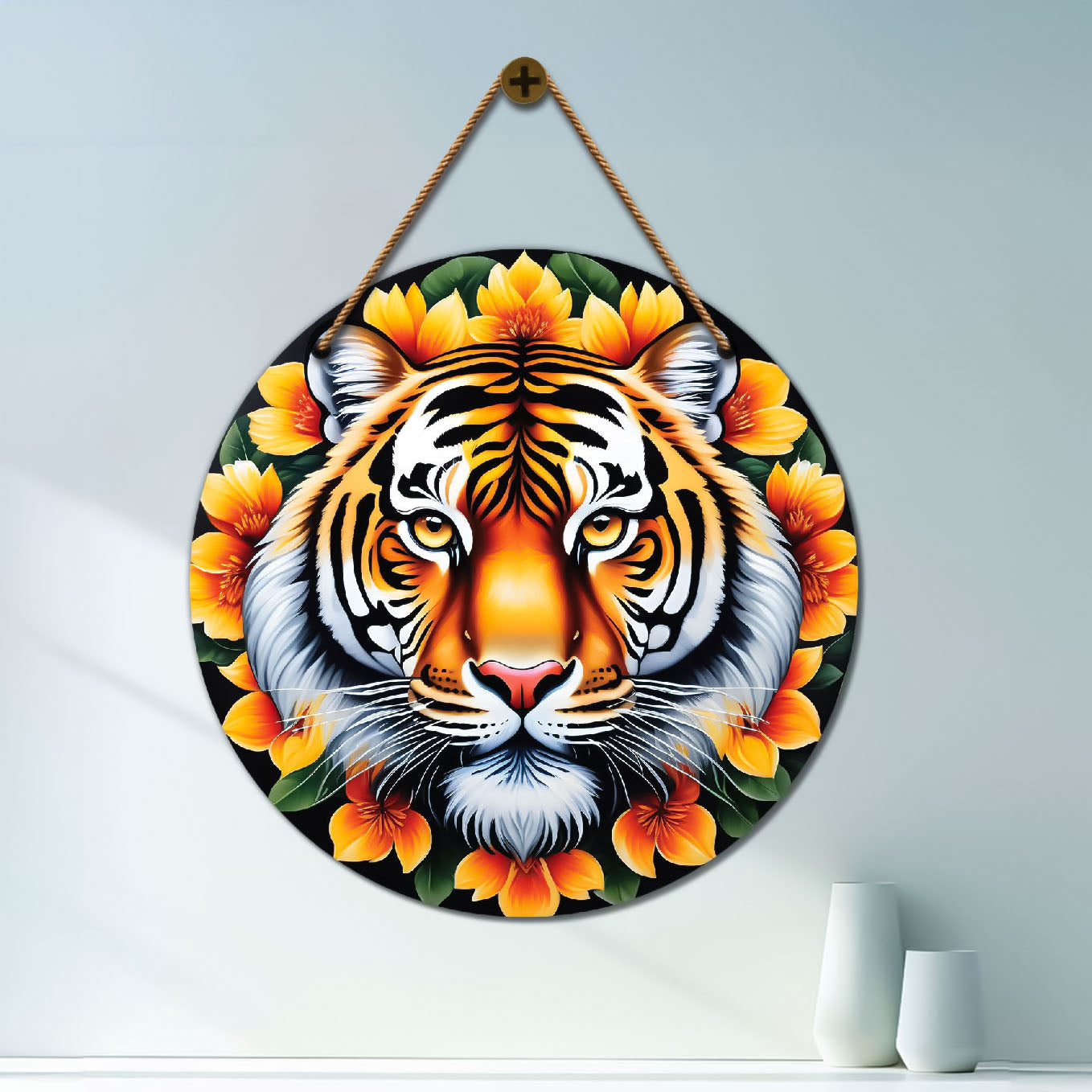 Tiger in yellow and black mandala Round Wooden Wall Hanging for wall Décor - Design - 285