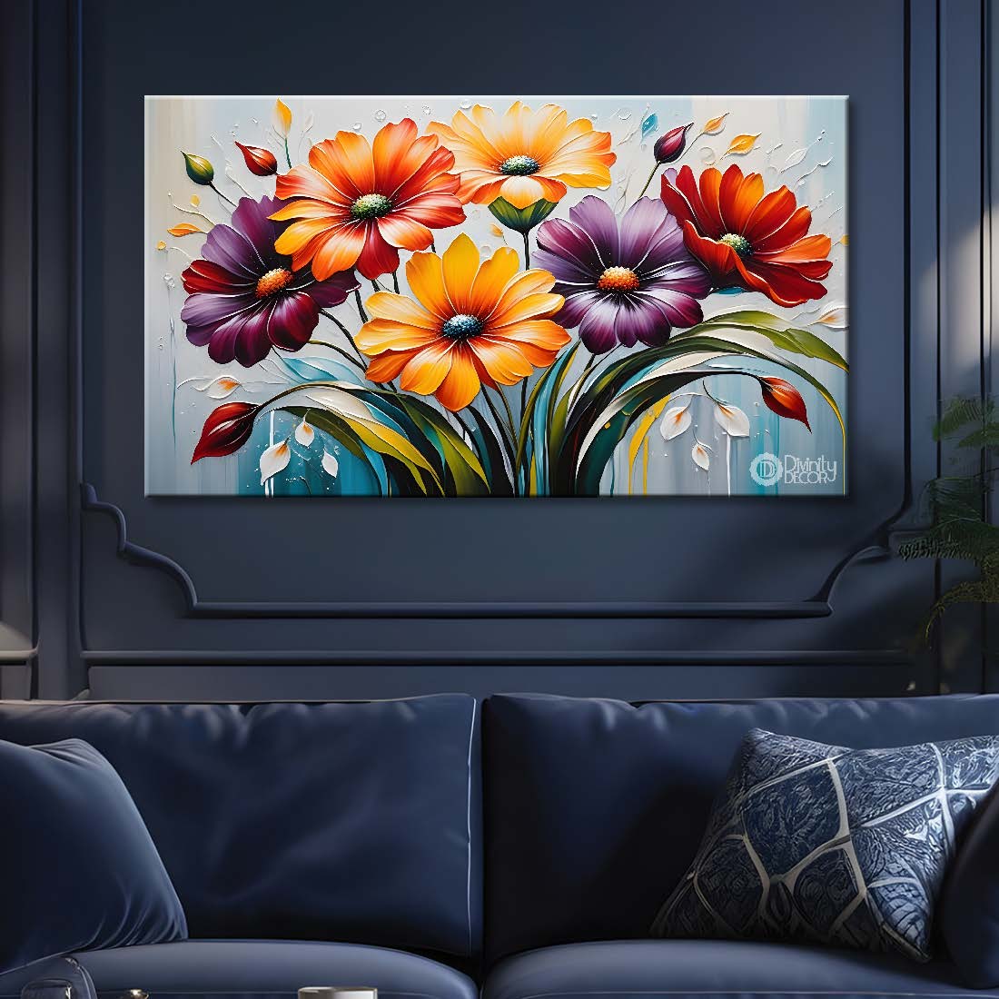 Colorful flowers in blue background canvas painting- Flower-285
