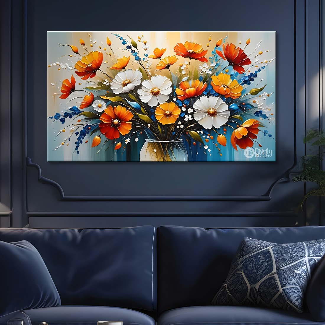 Colorful flowers in blue background canvas painting- Flower-286