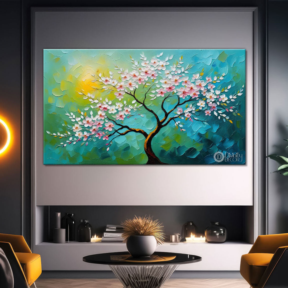 White flower tree in textured background oil painting- Design - Tree-286
